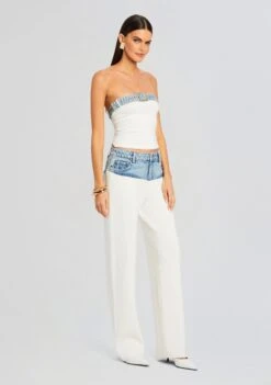 Etta Knit Denim Top -Zesty Dresses Sales Ecommerce Crop 24 03 13 CHANIPANT ETTATOP WHITECOASTLINE ALESSANDRASANDAL DENIM 1337 ECOMM